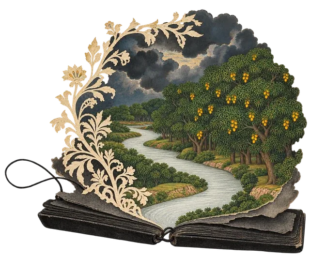 A river winds through a mango grove under storm clouds, rising out of an open palm-leaf manuscript, with a cream cut-paper vine curling up one side.