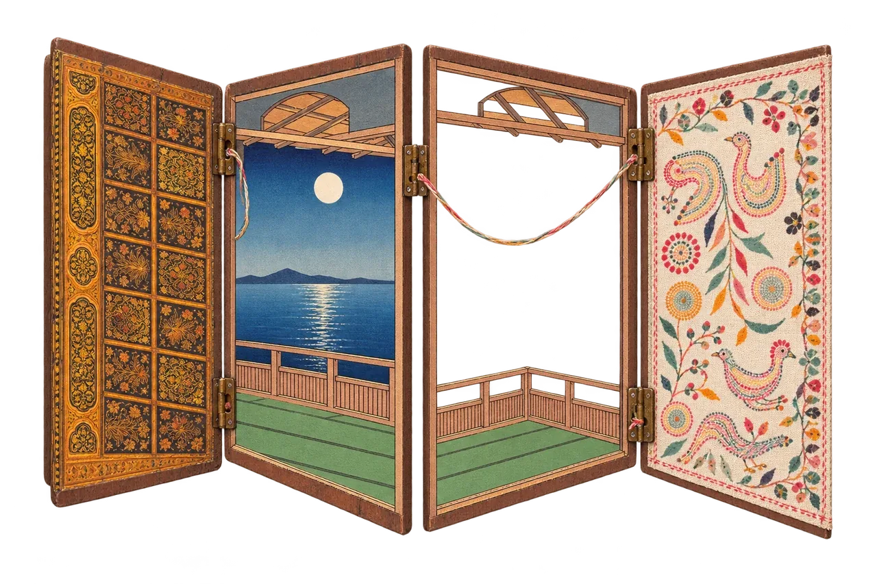 A hinged game board opened like window shutters: inlaid gold panels, a moonlit bay through a timber frame, and a panel of kantha embroidery.