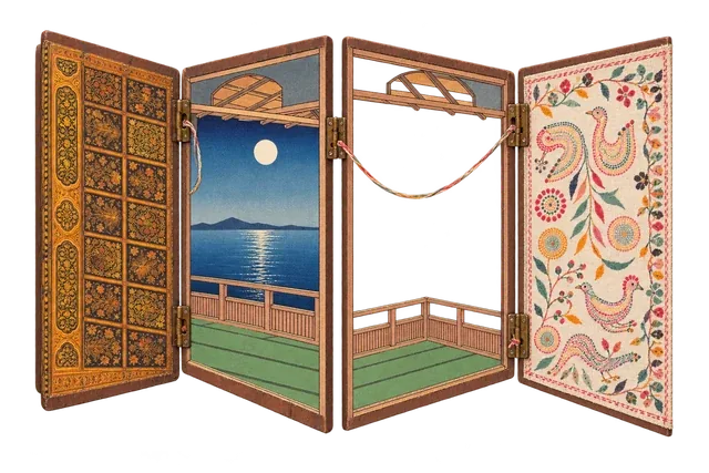 A hinged game board opened like window shutters: inlaid gold panels, a moonlit bay through a timber frame, and a panel of kantha embroidery.