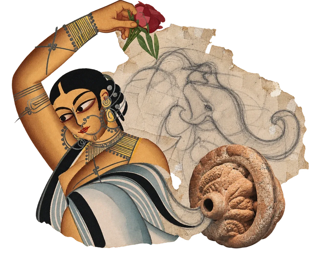 A woman in a striped sari raises a red flower to her hair, in front of pencil sketches of elephants and a worn terracotta wheel.
