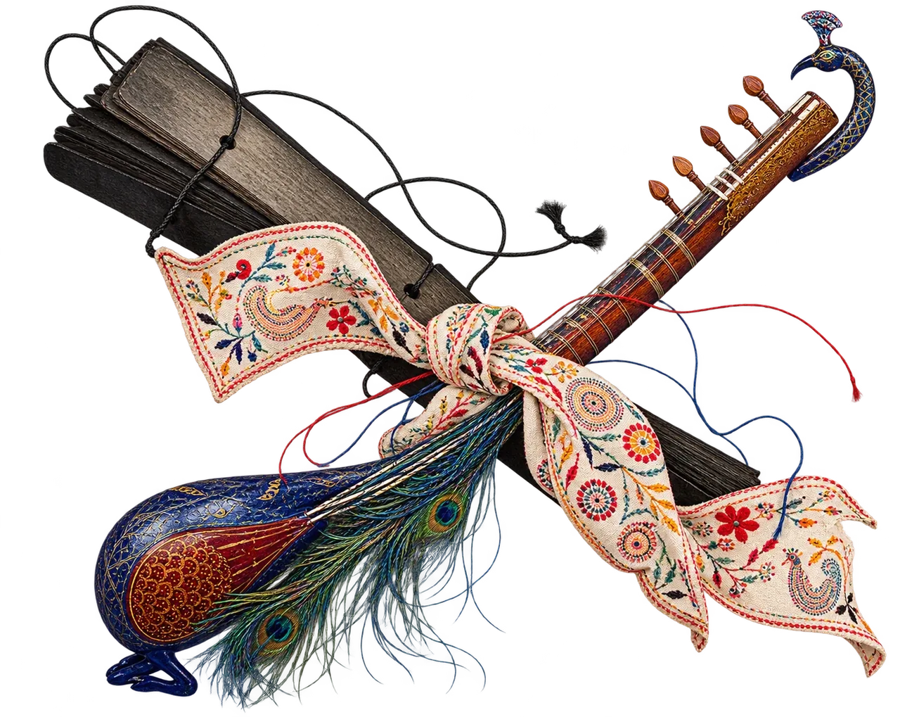 A bound palm-leaf manuscript and a peacock-headed lute cross, tied at the middle with a strip of kantha embroidery.