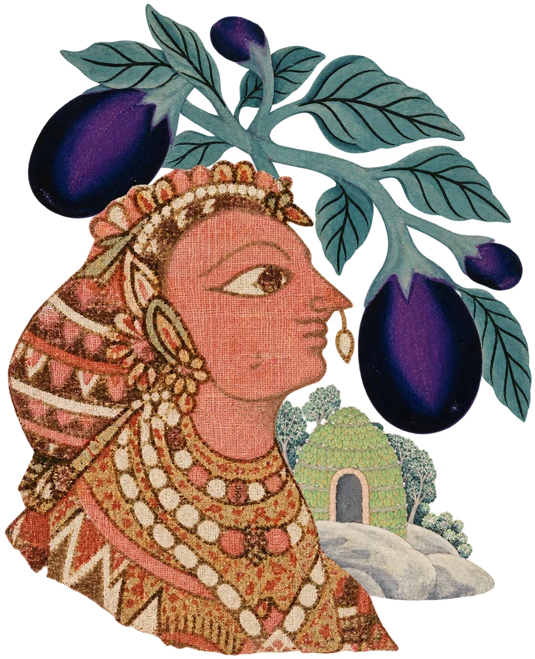 A woman's profile printed on red chintz, under a branch of giant aubergines, with a small leaf-built hut beside her.