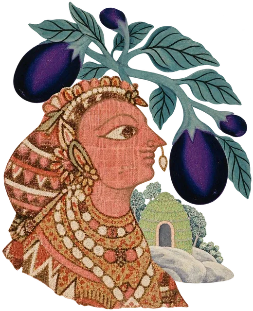 A woman's profile printed on red chintz, under a branch of giant aubergines, with a small leaf-built hut beside her.