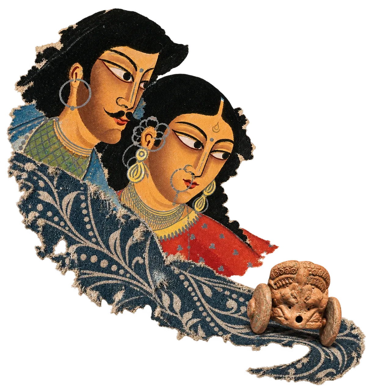 A man and a woman from a Kalighat painting look sideways over a strip of indigo cloth, where a small terracotta chariot rests.