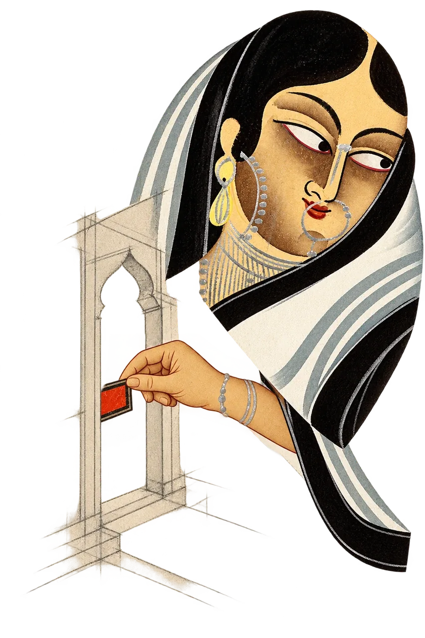 A woman in a black-and-white sari slips a small red document through an unfinished doorway drawn in pencil.