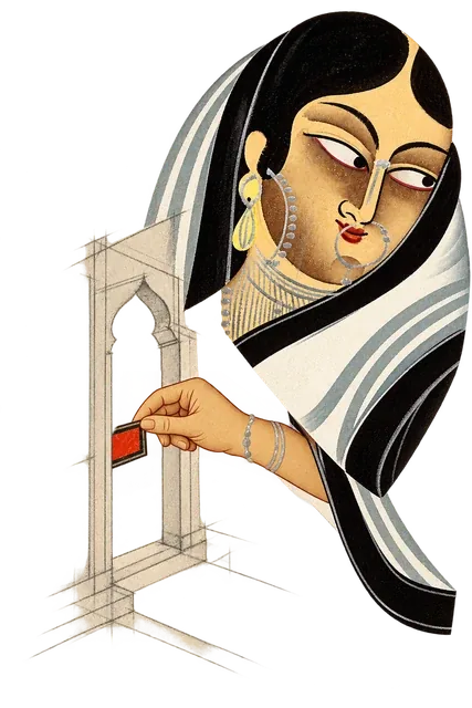 A woman in a black-and-white sari slips a small red document through an unfinished doorway drawn in pencil.