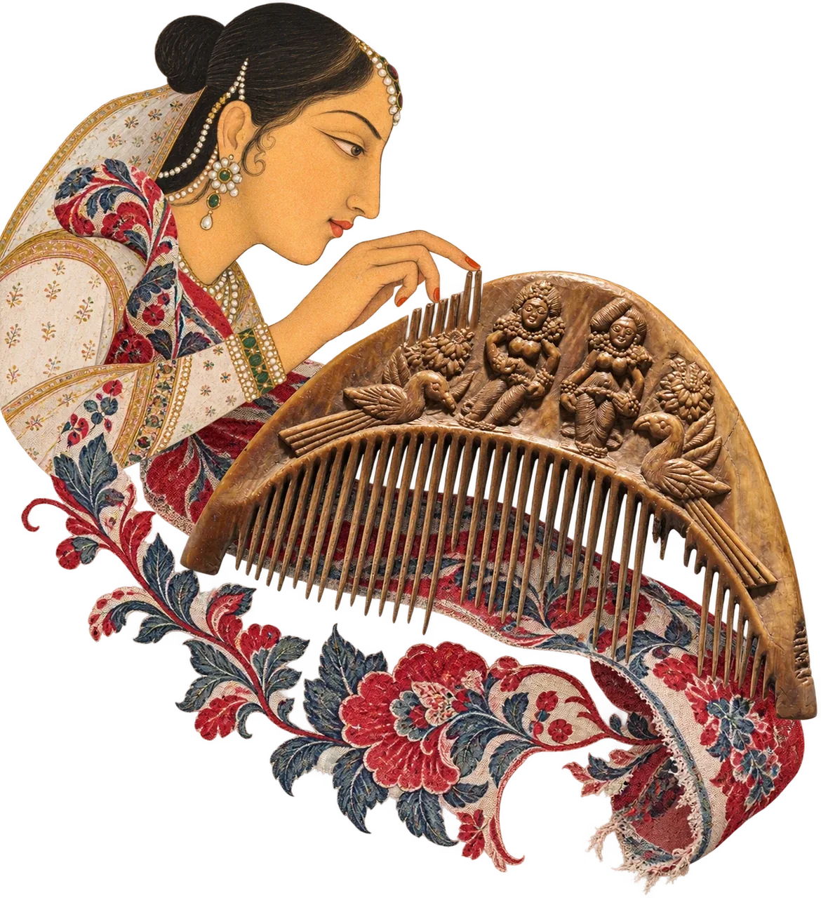 A woman bends over a large carved comb, her shawl turning into red and blue flowering chintz.