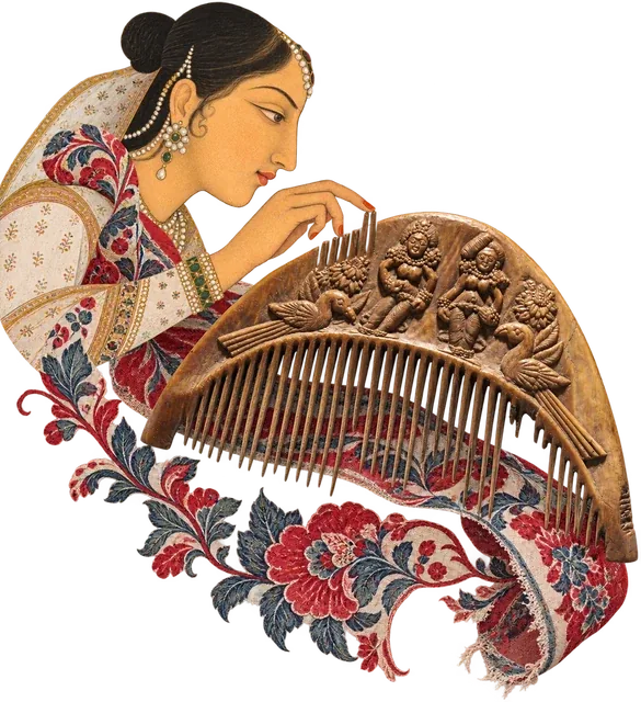A woman bends over a large carved comb, her shawl turning into red and blue flowering chintz.