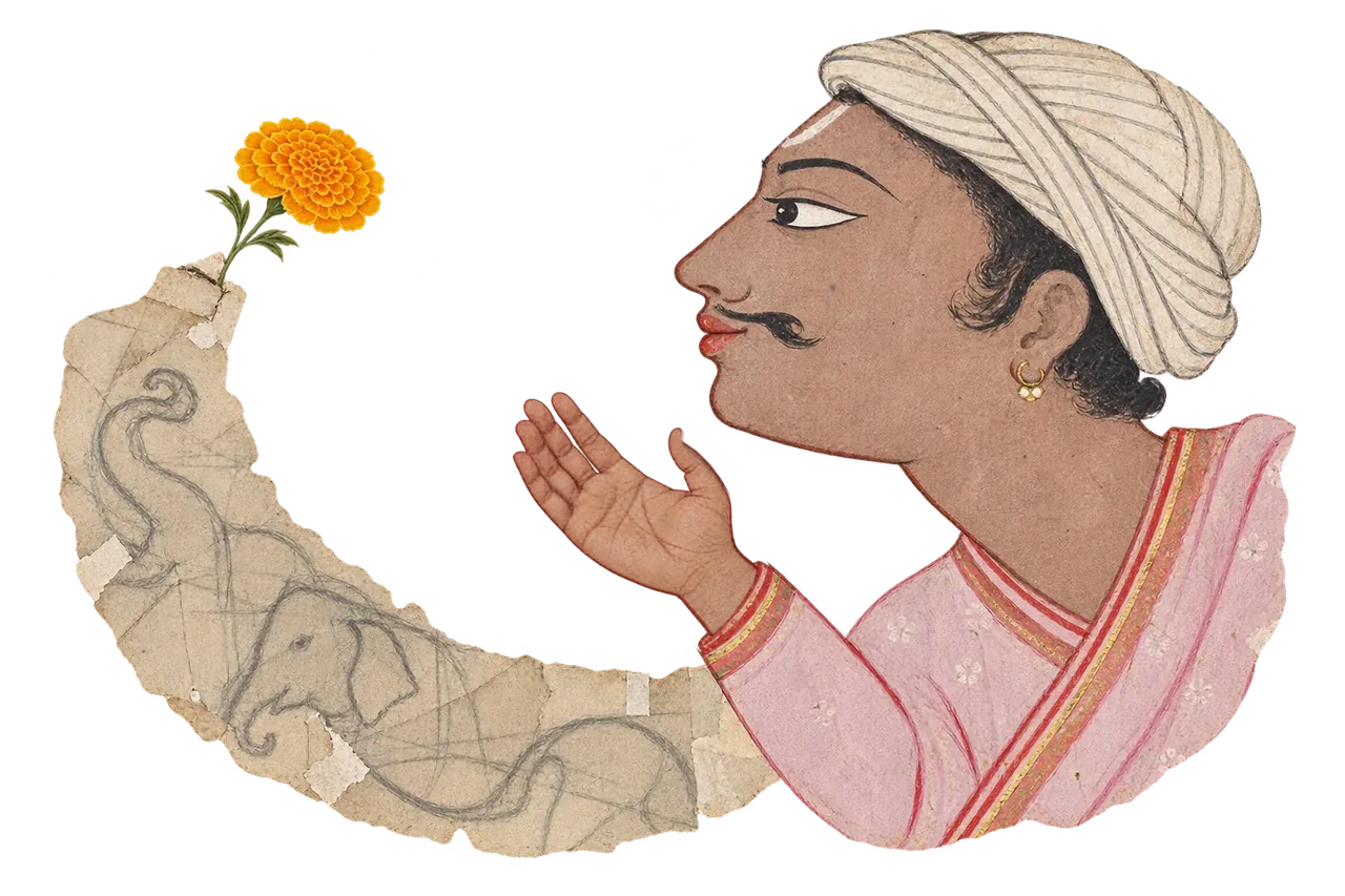 A man in a white turban holds out his hand towards a pale sheet of elephant sketches, from which a single marigold grows.