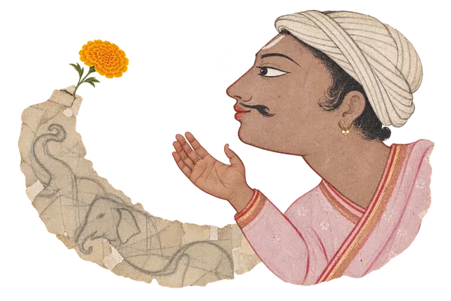 A man in a white turban holds out his hand towards a pale sheet of elephant sketches, from which a single marigold grows.