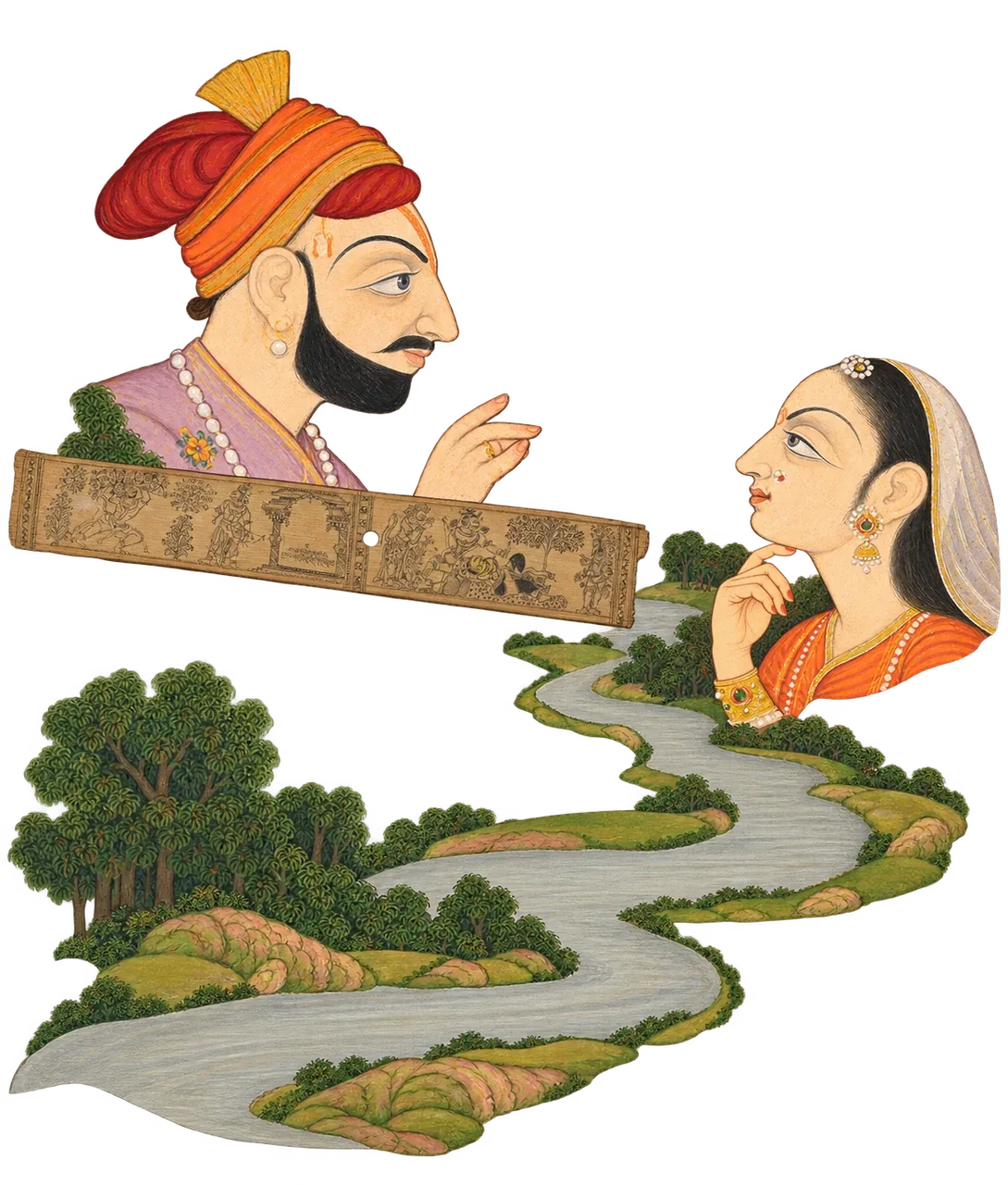 A turbaned man and a veiled woman face each other across a palm leaf and a winding river.