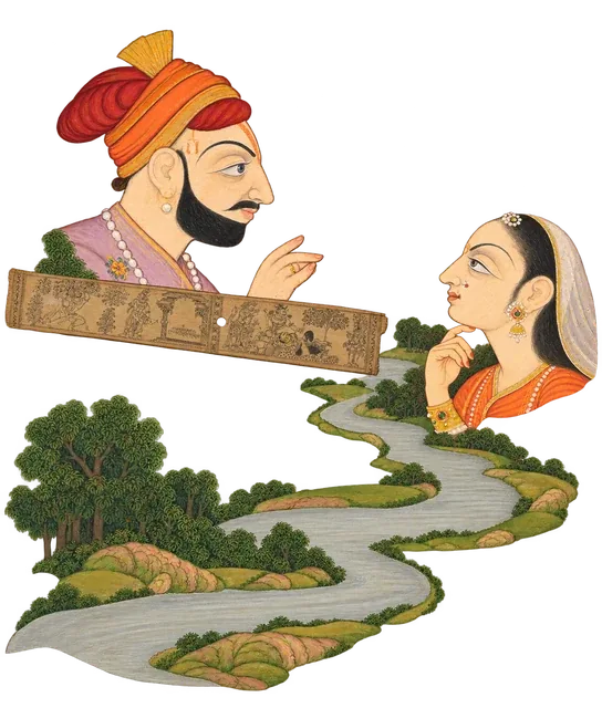 A turbaned man and a veiled woman face each other across a palm leaf and a winding river.