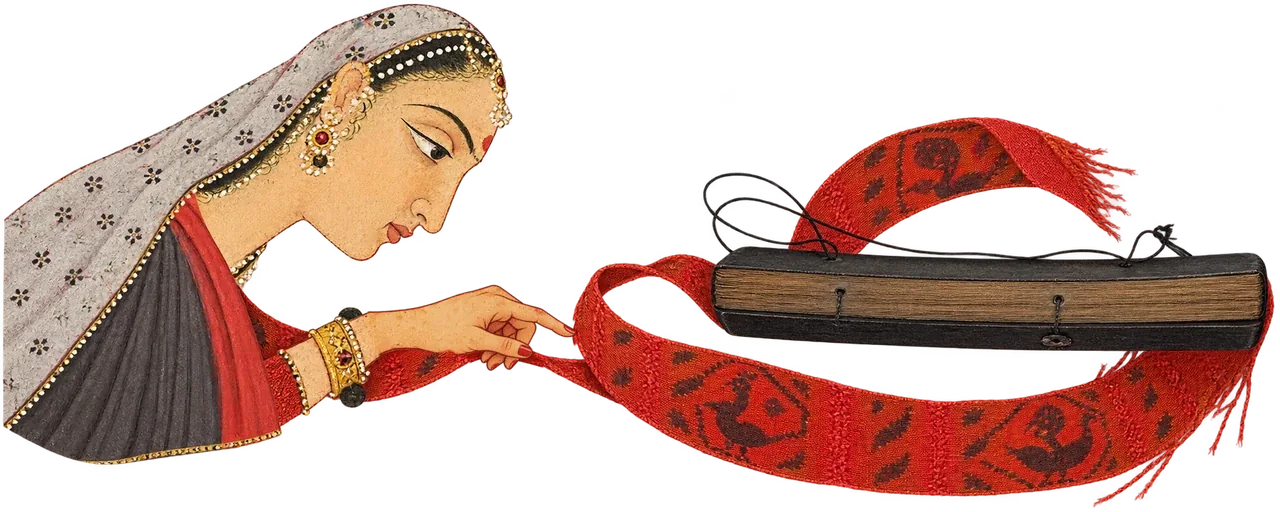 A woman draws a loop of red peacock-patterned cloth around a closed, bound manuscript.