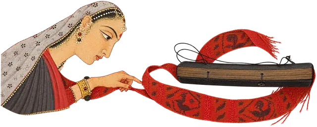 A woman draws a loop of red peacock-patterned cloth around a closed, bound manuscript.