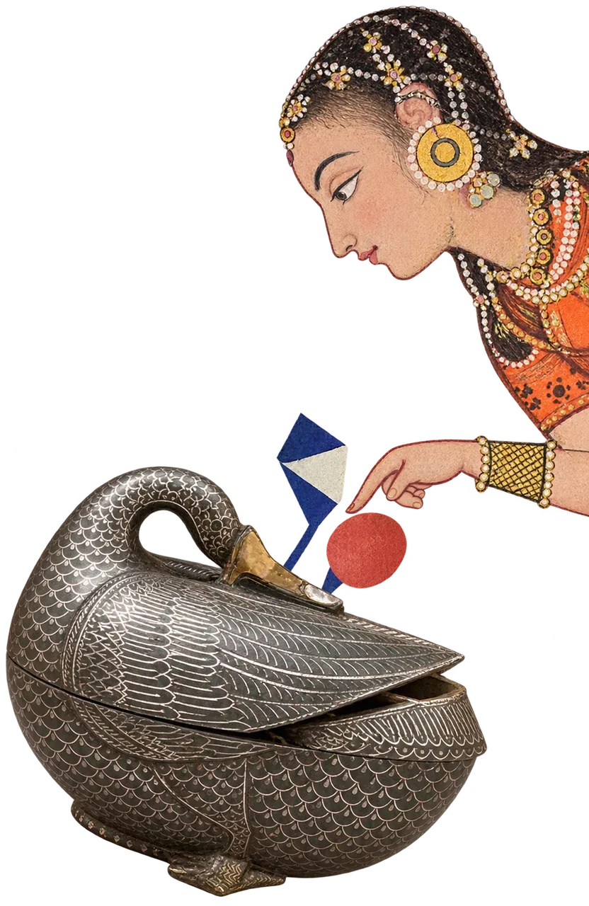A woman leans down to touch a silver box shaped like a sleeping duck, with a few small coloured shapes between them.