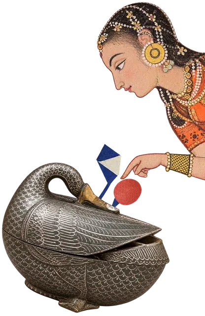 A woman leans down to touch a silver box shaped like a sleeping duck, with a few small coloured shapes between them.