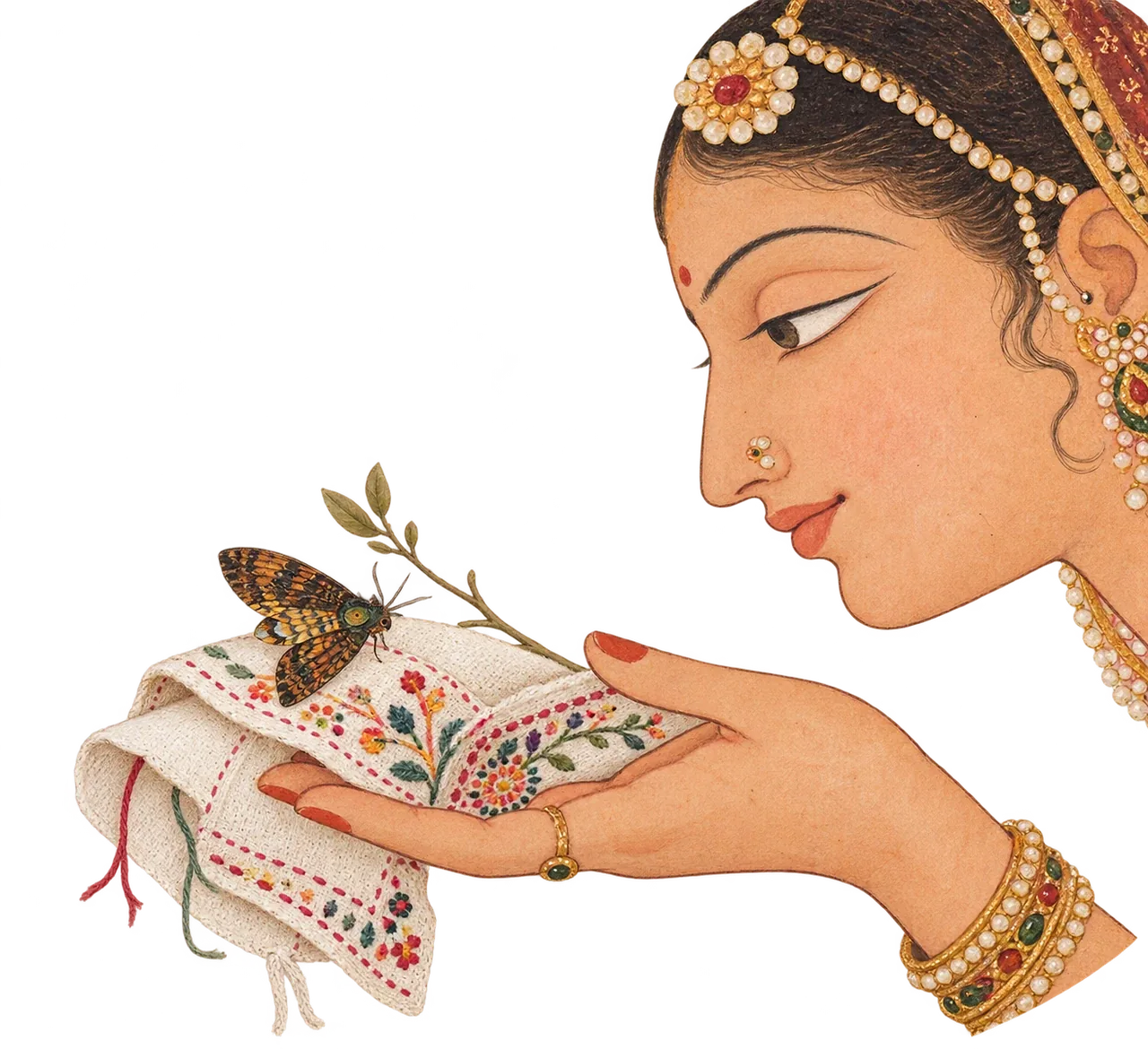 A woman looks down at a moth resting on an embroidered cloth in her open hand.