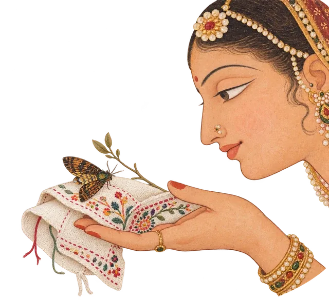 A woman looks down at a moth resting on an embroidered cloth in her open hand.
