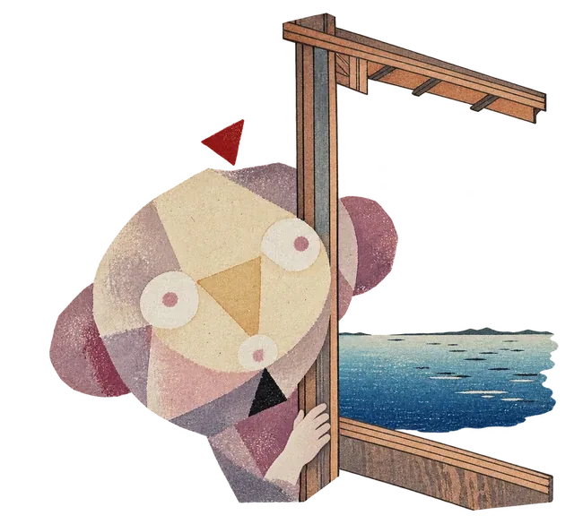 A round, abstract face peers around the corner of a wooden window frame, with a slice of blue sea behind it.
