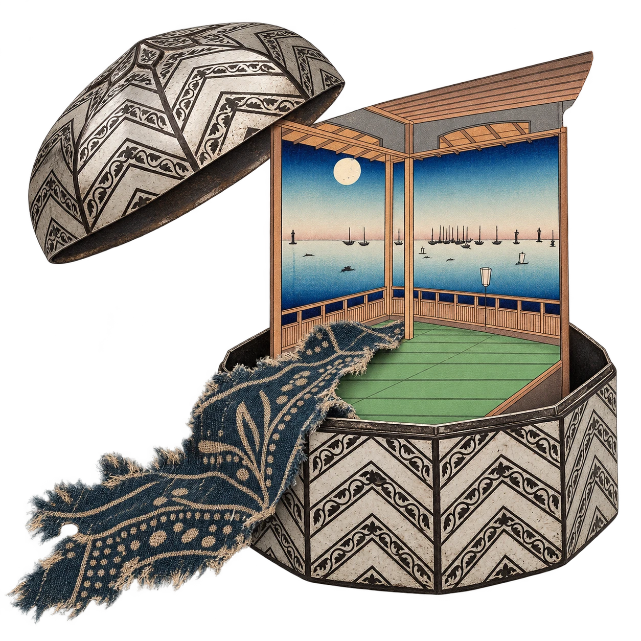 A collage: a bidri box opens onto a Hiroshige veranda over a moonlit sea.