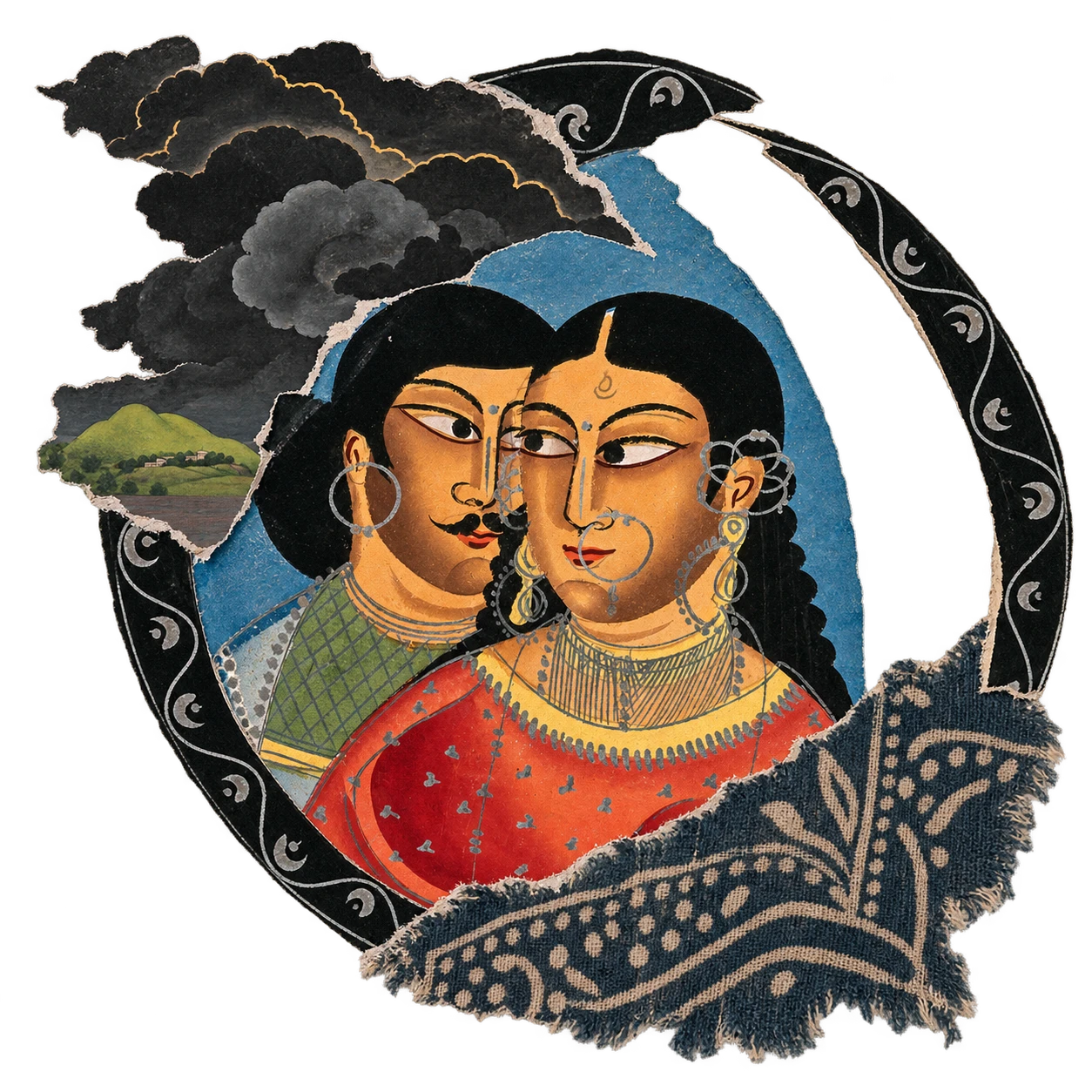 A collage: a Kalighat couple inside a black oval frame, storm clouds behind them.
